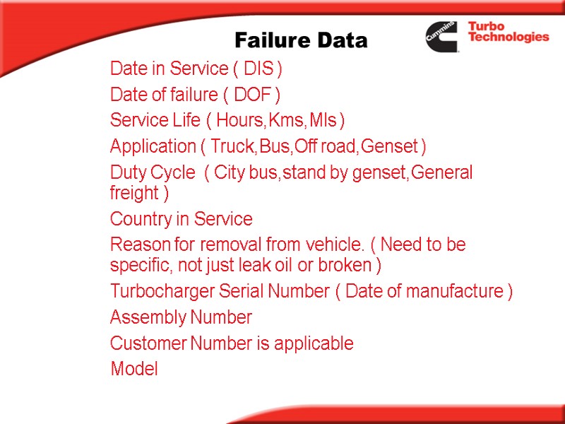 Failure Data Date in Service ( DIS ) Date of failure ( DOF )